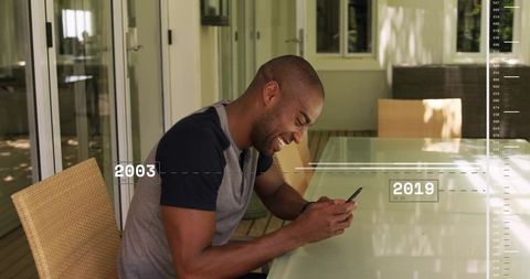 Mid Adult Man Relaxing with Smartphone on Outdoor Patio