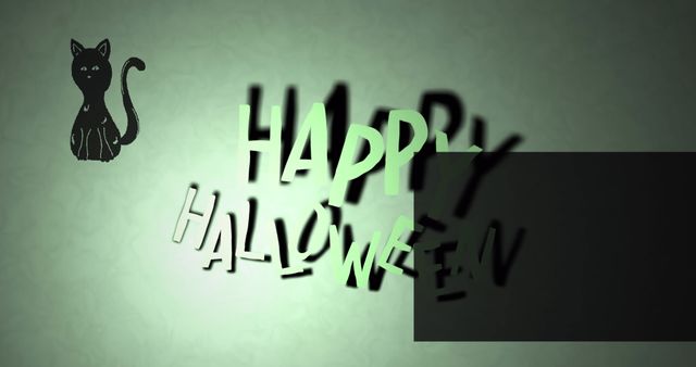 Vibrant Halloween graphic featuring a 'Happy Halloween' text with a shadow and a black cat on a light green textured background, evoking eerie and vintage vibes. Ideal for Halloween cards, social media posts, party invitations, promotional materials, decorations, and themed websites.