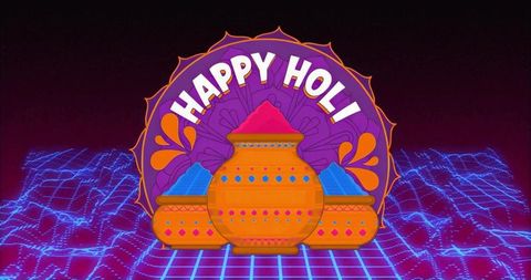 Happy holi celebrating neon mandala with colorful clay pots on futuristic grid
