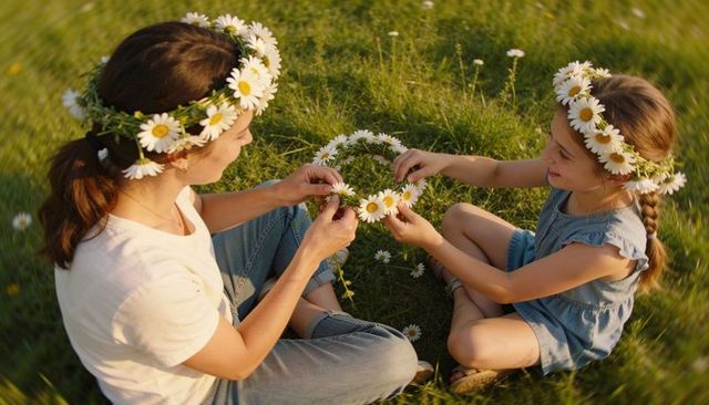 Mother and daughter making daisy crowns together in sunlit meadow for family bonding