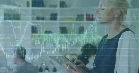 Businesswoman Analyzing Data with Tablet and Mixed Media Overlay