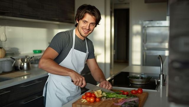 Man Cooking at Home Kitchen Preparing Healthy Dish