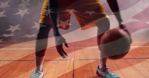 Diverse Sports: African American Basketball Player and USA Flag Overlay