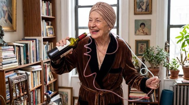 Playful senior woman in turban laughing while drinking wine with looping tubing