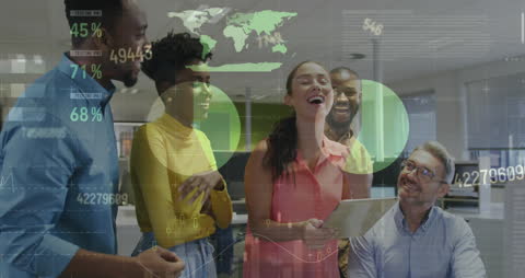 Diverse Team Collaborating with Digital Data Overlay in Office Environment