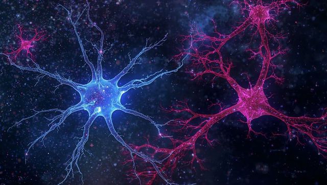 Glowing blue and magenta neurons connecting across cosmic microscopic neural network