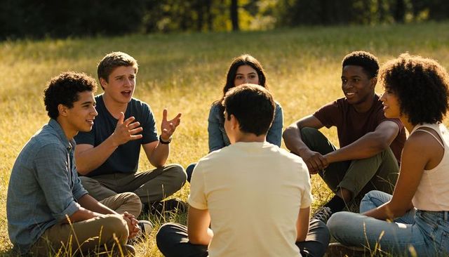 Talking multiracial teen friends sitting in circle on sunlit meadow during golden hour