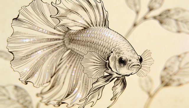 Vintage sepia betta fish line art flowing ruffled fins on textured paper botanical