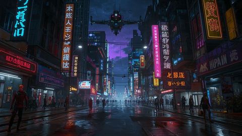 Futuristic Cyberpunk City with Hovering Drone and Neon Glow