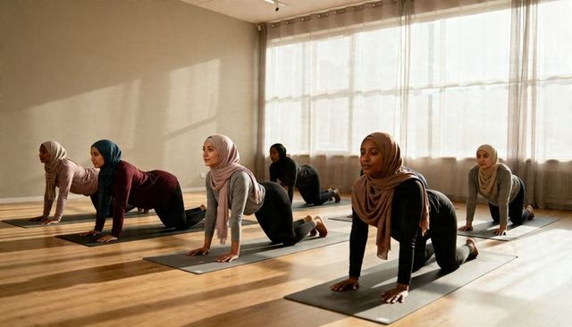 Women wearing hijab practicing gentle yoga in bright studio holding hands-and-knees pose