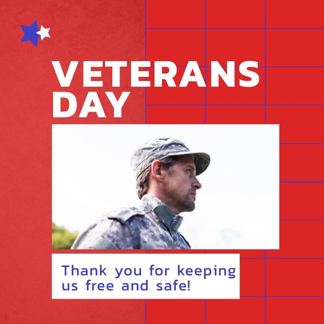 Composite of caucasian solider with veterans day and thank you for keeping us free and safe text. Copy space, armistice day, military, armed forces, honor, patriotism and celebration concept.