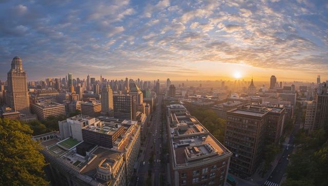 Majestic Urban Skyline at Dawn with Sunrise Illumination