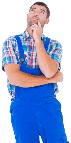 thoughtful handyman in blue overalls transparent background - Download Free Stock Videos Pikwizard.com