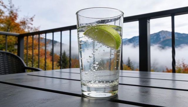Sparkling water with lime on mountain balcony overlooking misty valley and autumn foliage