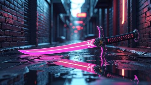 Futuristic neon katana in reflective cyberpunk alley