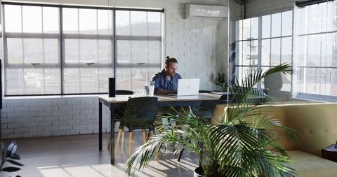 Male Executive at Laptop in Contemporary Office with Glass Walls