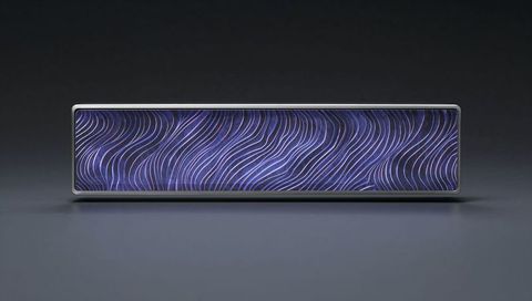 Slim rectangular led panel glowing with purple-blue wave pattern on metallic bezel