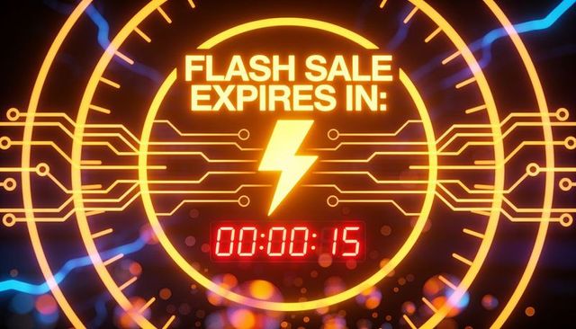 Neon flash sale countdown pulsing futuristic ui with bolt icon, red digital timer