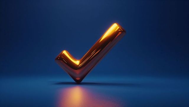 Glossy Gold Check Mark in Minimalistic Blue Setting