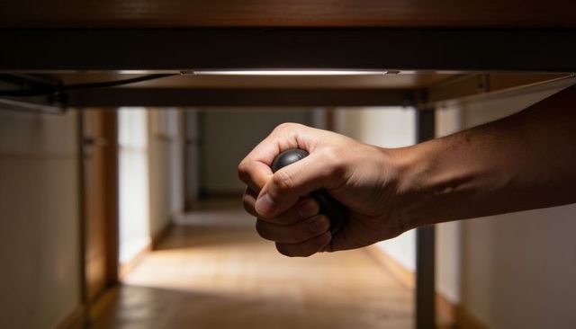 Right hand gripping black knob under wooden panel in hallway lighting control concept