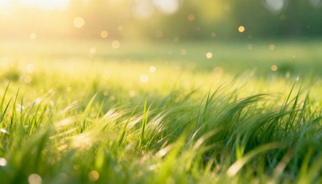 Swaying sunlit green grass in meadow with golden bokeh and dew sparkles, closeup