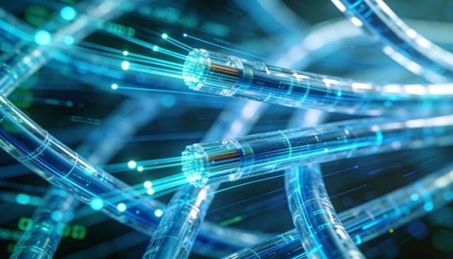 Glowing fiber optic cables transmitting high-speed data pulses across futuristic network