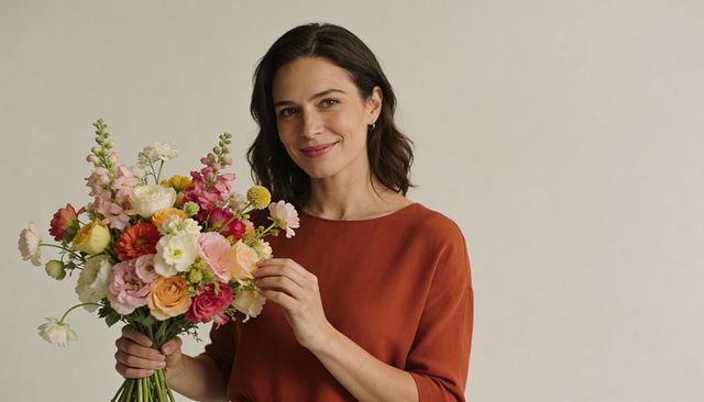 Woman holding colorful bouquet wearing rust top and small hoops smiling in studio portrait