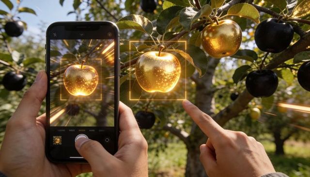 Augmented reality harvesting: smartphone highlighting golden apple in orchard with ar overlay
