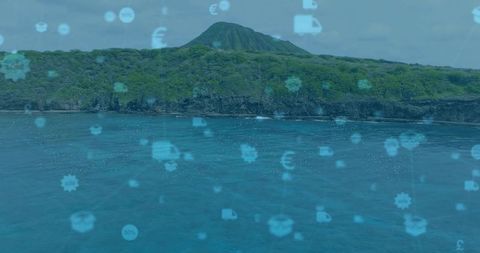 Volcanic island with digital technology overlay