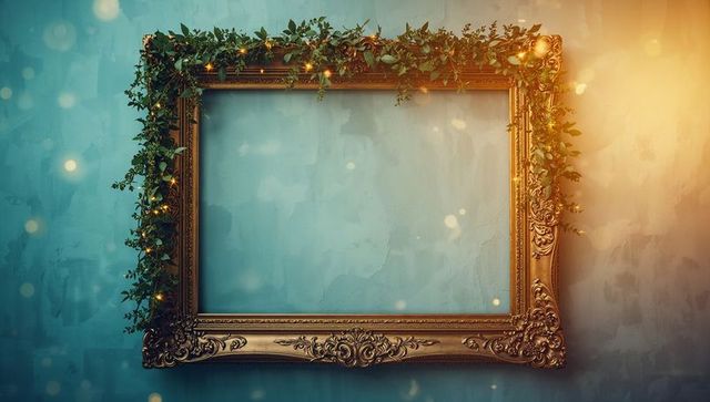 Ornate Gilded Frame with Vine and Lights on Teal Wall