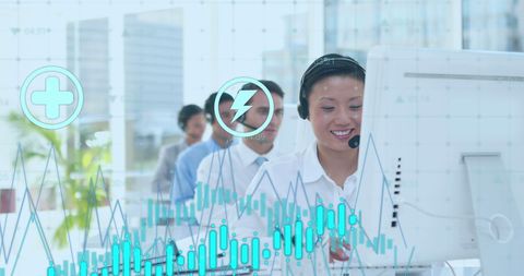 Digital interface and diverse business team analyzing financial data