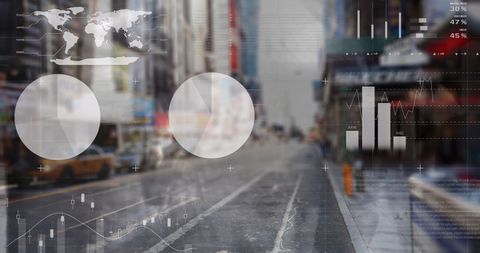 Futuristic Statistical Data Interface Against Urban Street Scene