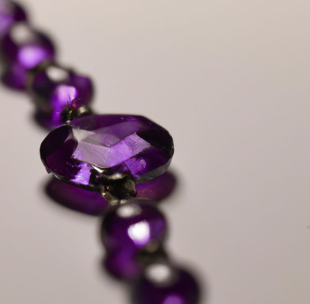 Close-up view of purple crystal beads with reflections on a glass surface. Elegant and shiny appearance. Suitable for jewelry design concepts, fashion photography, luxury branding, or decoration themes.
