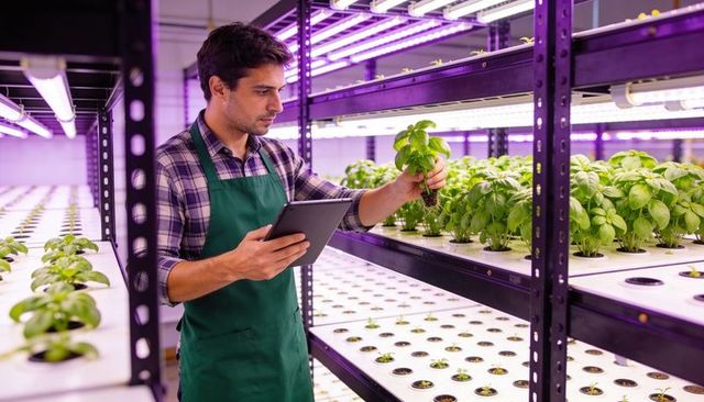 Urban farmer inspecting basil in vertical hydroponic farm using tablet and led grow lights