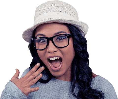 Surprised Asian Woman with Transparent Background Wearing Hat and Glasses