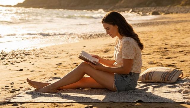 Woman reading paperback on coastal blanket at golden hour, relaxing beach leisure