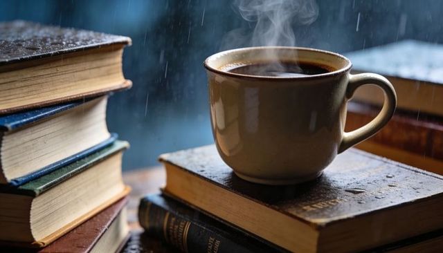 Steaming Ceramic Coffee Mug Resting on Vintage Books by Rain-Streaked Window, Cozy Reading