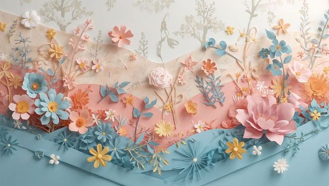 Layered pastel paper flower collage with teal peach bands and hand-cut botanical blooms