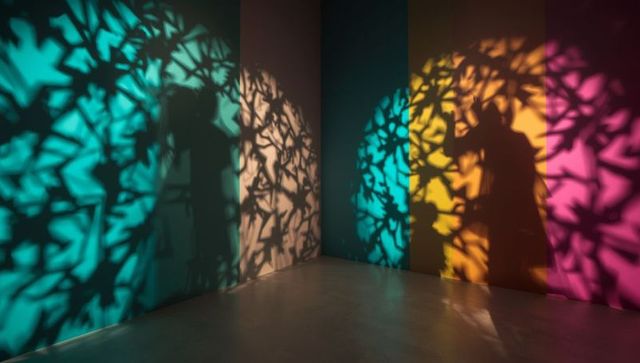 Visitors capturing colorful shadow patterns in art installation