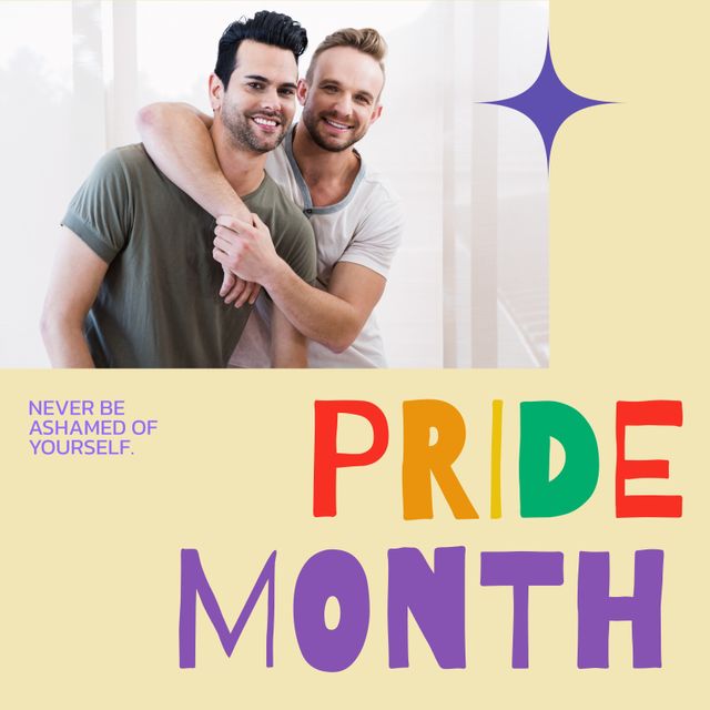 Composition of pride month text and happy caucasian male gay couple. Pride month, human rights, equality and lgbtq concept digitally generated image.
