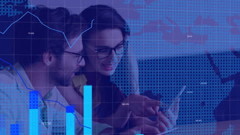 Business Team Analyzing Data with Digital Graphics Overlay