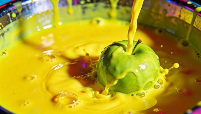 Green apple getting coated by vibrant yellow paint splash macro, crown splash droplets
