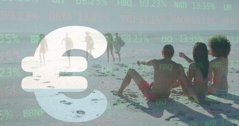 Relaxing beach day merged with economic stock figures and euro symbol