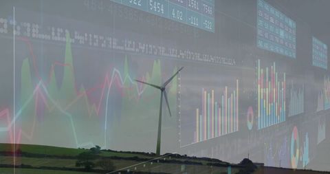 Blending wind turbine and rolling fields with financial charts and data dashboard overlay