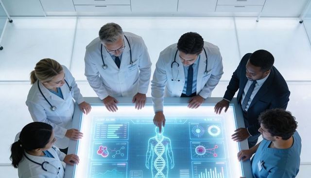 Multidisciplinary Medical Team Collaborating Over Holographic Genomics Touchscreen Table