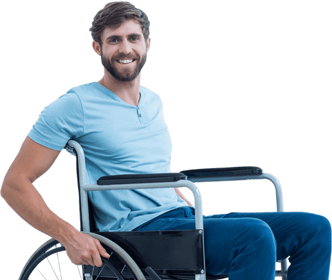 Confident man in wheelchair smiling on transparent background