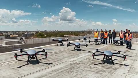 Launching multirotor drone fleet from rooftop with operators conducting preflight checks