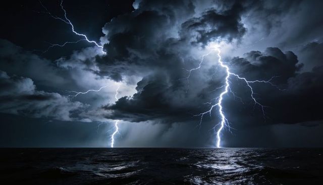Night ocean lightning striking sea under dramatic thunderclouds reflecting on waves