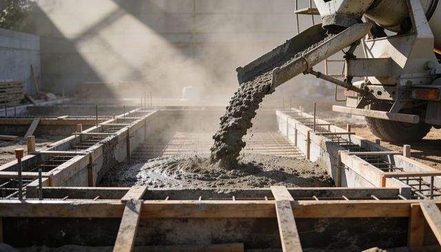 Pouring concrete foundation using mixer chute filling timber formwork and rebar