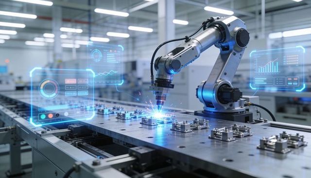 Robotic welding arm performing precision welds on fixture plate with holographic UI